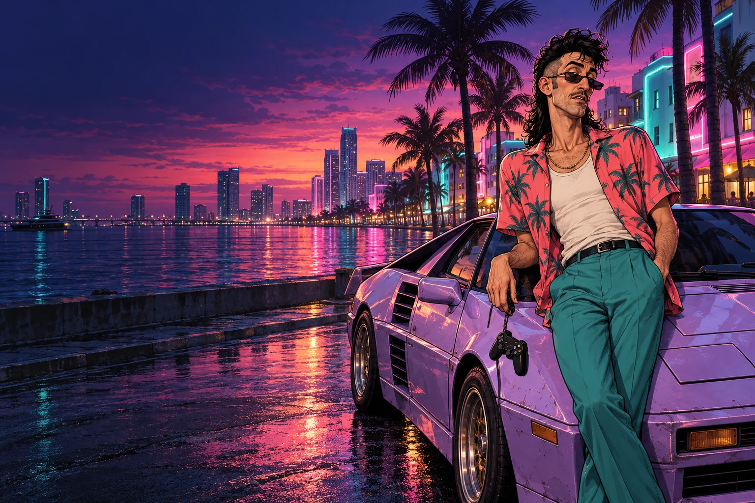 Vic Lag, a lanky man with a black mullet, narrow sunglasses and a coral Hawaiian shirt, leans on a lavender sports car at a neon-lit Miami waterfront while holding a game controller.