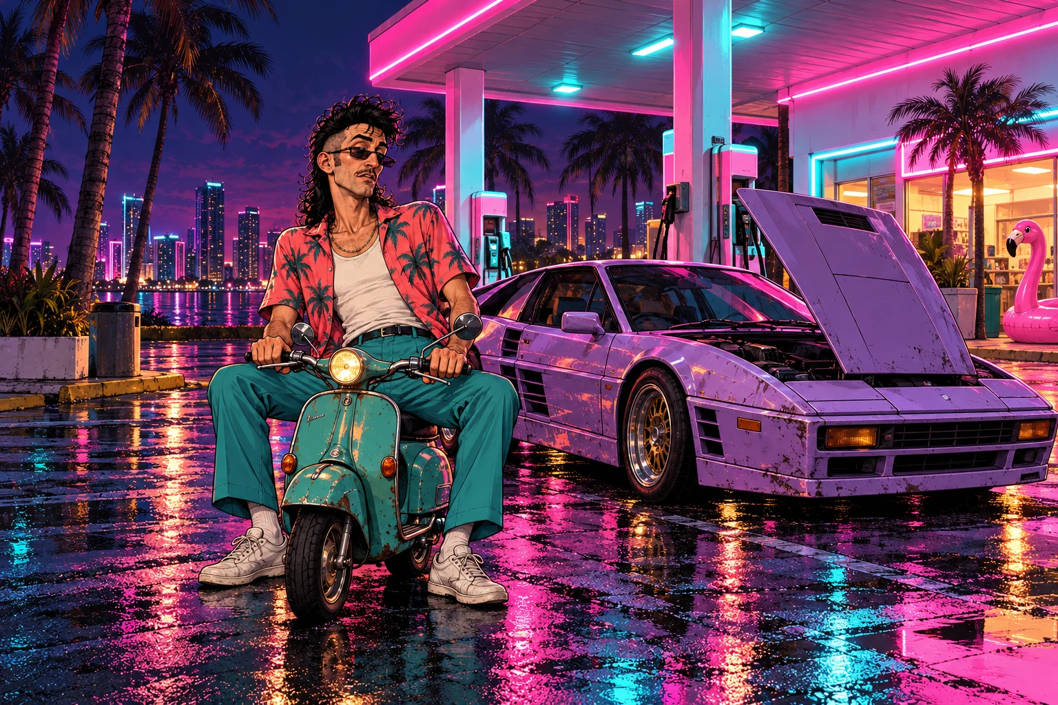 Vic Lag with a tiny scooter at a neon-lit gas station.