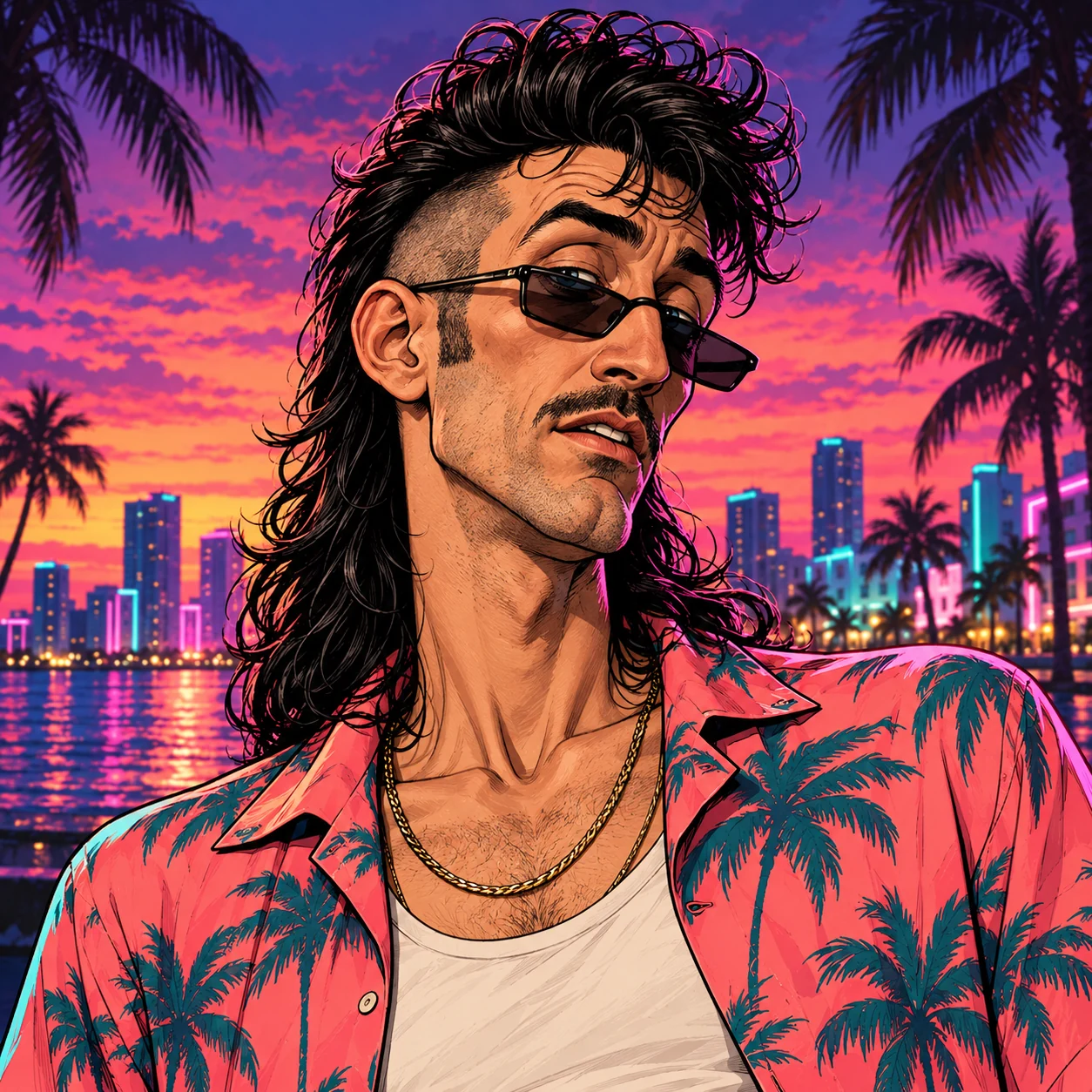 Square token portrait of Vic Lag with a black mullet, narrow sunglasses, a thin moustache and a coral Hawaiian shirt against neon pink and teal.